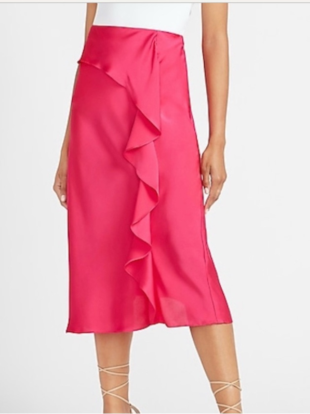Express High Waisted Satin Ruffle Midi Slip Skirt M
